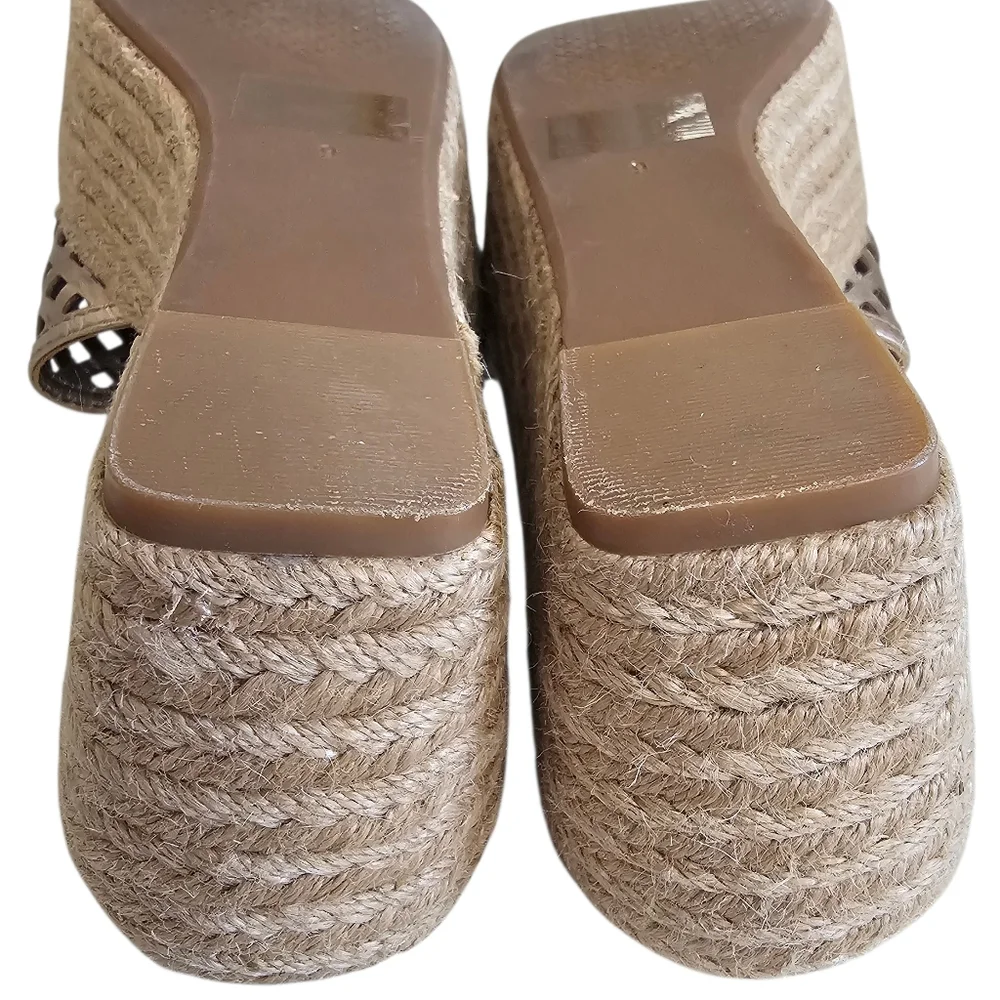 Nwob Tory Burch Thatched Gold Metalic Leather Espidrille Slip On Platform Wedges